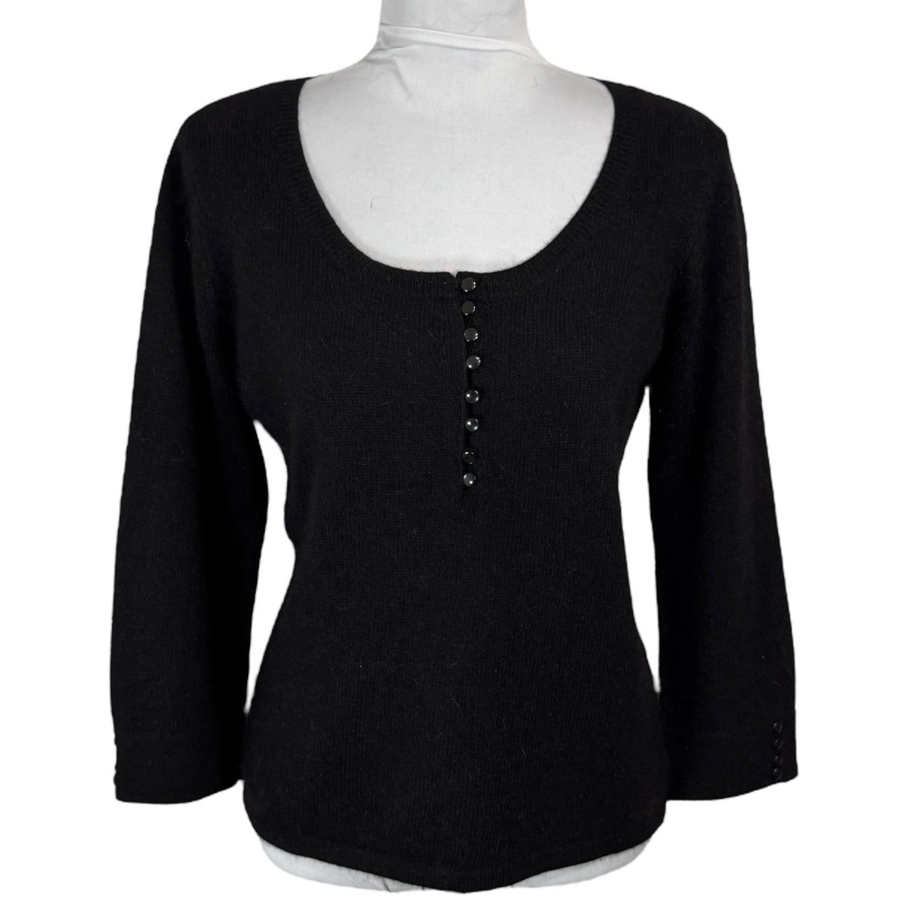 NWT Y2K Black Fuzzy Angora Wool Blend Sweater Knit Henley Top Size Small‎ 90s